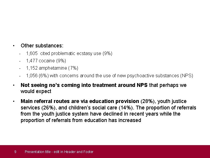  • Other substances: - 1, 605 cited problematic ecstasy use (9%) - 1,