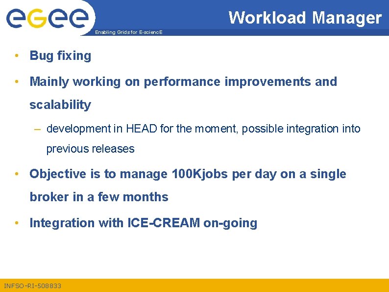 Workload Manager Enabling Grids for E-scienc. E • Bug fixing • Mainly working on