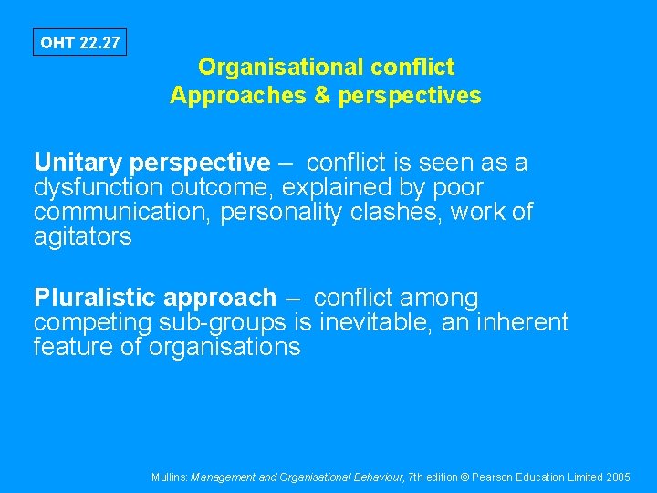 OHT 22. 27 Organisational conflict Approaches & perspectives Unitary perspective – conflict is seen