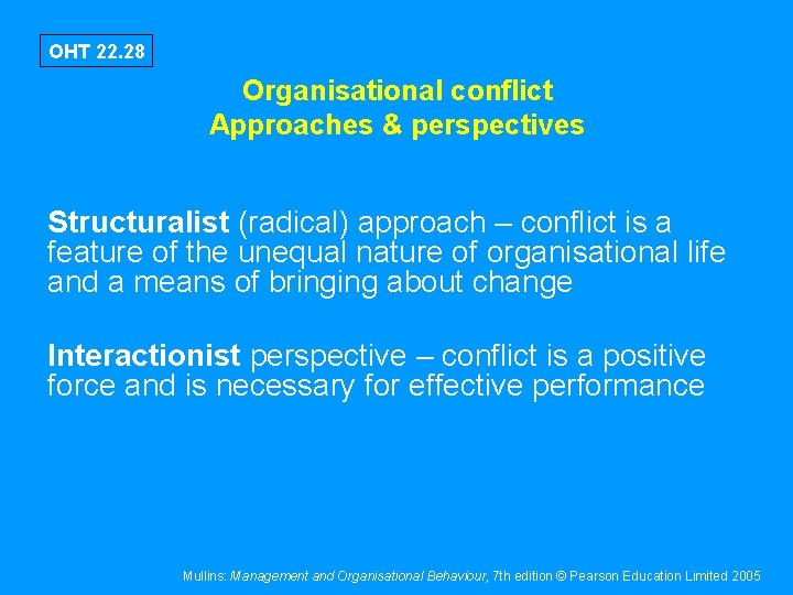 OHT 22. 28 Organisational conflict Approaches & perspectives Structuralist (radical) approach – conflict is