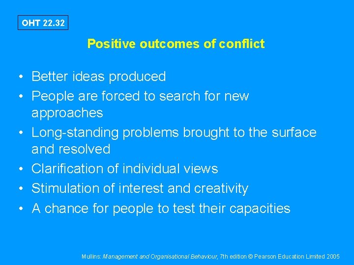 OHT 22. 32 Positive outcomes of conflict • Better ideas produced • People are