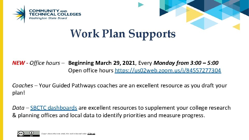Work Plan Supports NEW - Office hours – Beginning March 29, 2021, Every Monday