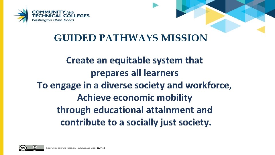 GUIDED PATHWAYS MISSION Create an equitable system that prepares all learners To engage in