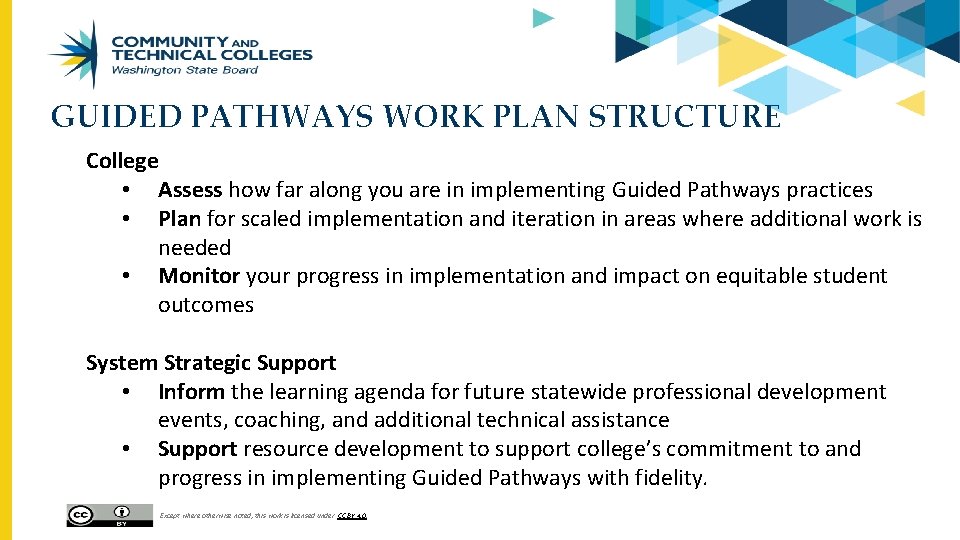 GUIDED PATHWAYS WORK PLAN STRUCTURE College • Assess how far along you are in