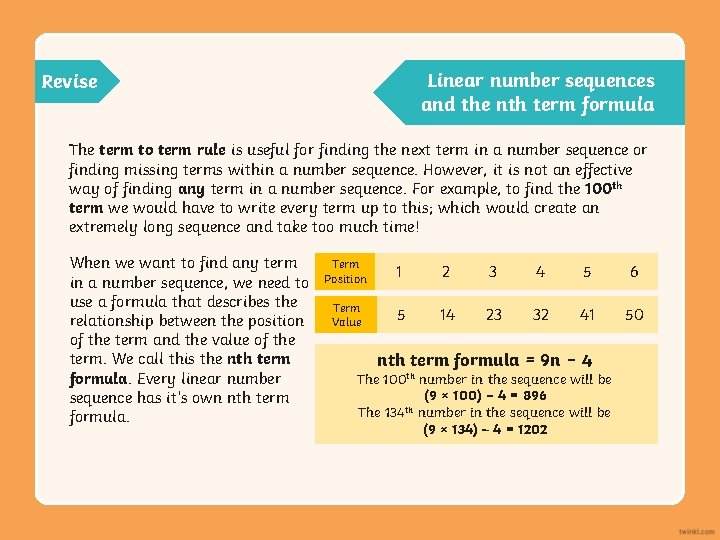 Linear number sequences and the nth term formula Revise The term to term rule