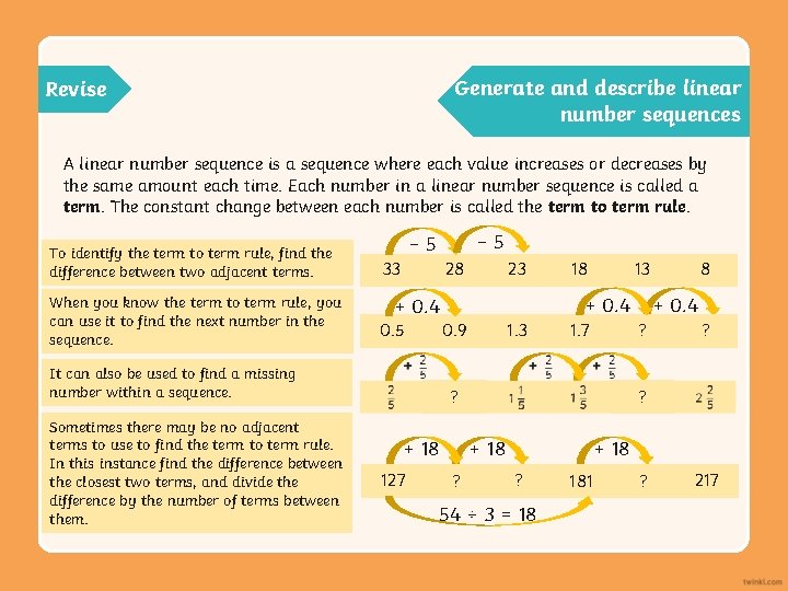 Generate and describe linear number sequences Revise A linear number sequence is a sequence