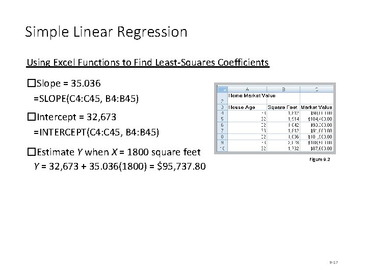 Simple Linear Regression Using Excel Functions to Find Least-Squares Coefficients �Slope = 35. 036 Simple Linear Regression Using Excel Functions to Find Least-Squares Coefficients �Slope = 35. 036
