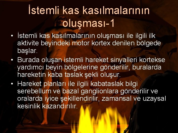 İstemli kasılmalarının oluşması-1 • İstemli kasılmalarının oluşması ile ilgili ilk aktivite beyindeki motor kortex