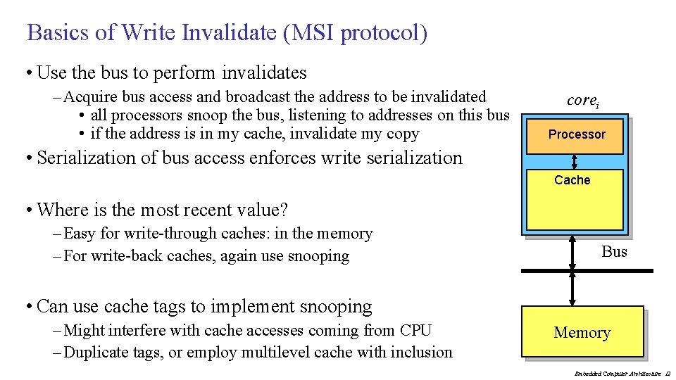 Basics of Write Invalidate (MSI protocol) • Use the bus to perform invalidates –