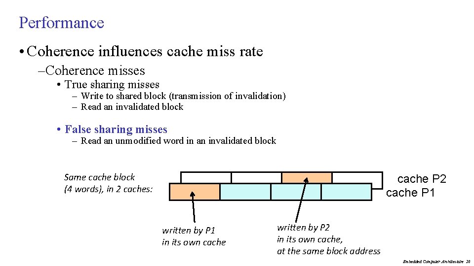 Performance • Coherence influences cache miss rate –Coherence misses • True sharing misses –