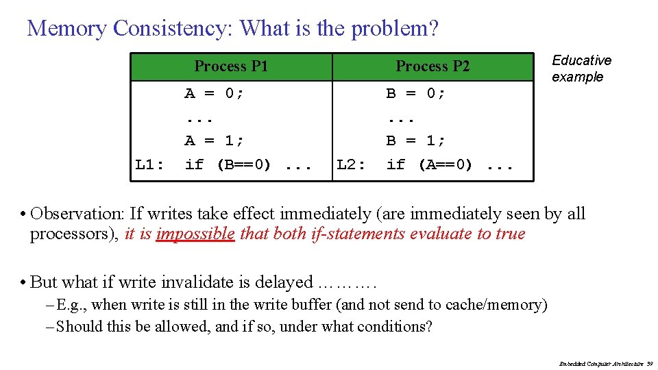 Memory Consistency: What is the problem? Process P 1 L 1: A = 0;