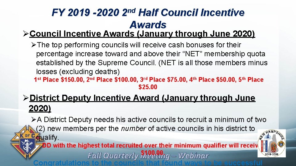 FY 2019 -2020 2 nd Half Council Incentive Awards ØCouncil Incentive Awards (January through