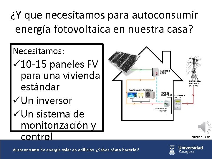 ¿Y que necesitamos para autoconsumir energía fotovoltaica en nuestra casa? Necesitamos: ü 10 -15