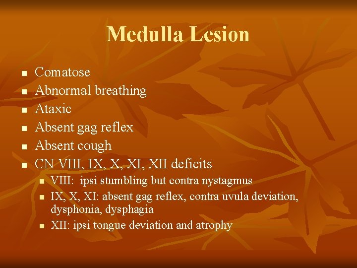 Medulla Lesion n n n Comatose Abnormal breathing Ataxic Absent gag reflex Absent cough