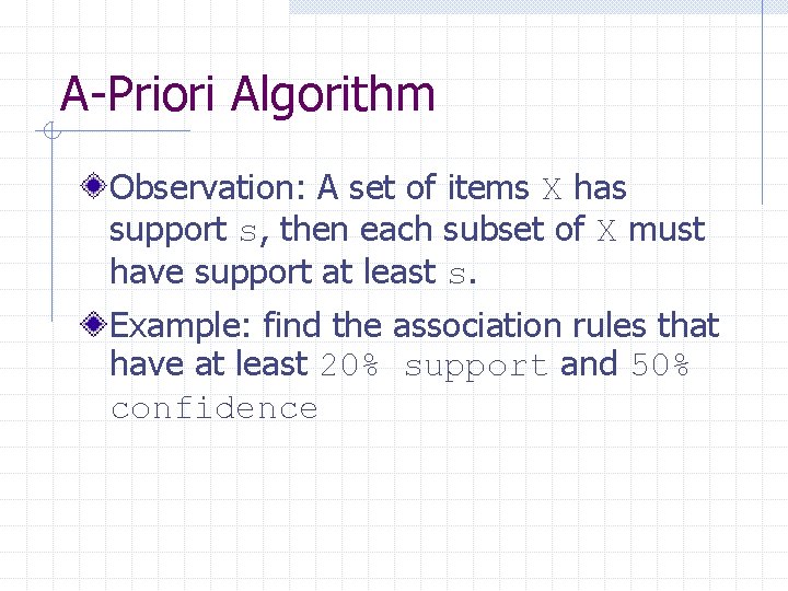 A-Priori Algorithm Observation: A set of items X has support s, then each subset