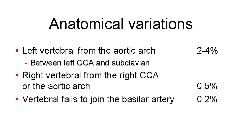 Anatomical variations • Left vertebral from the aortic arch 2 -4% - Between left