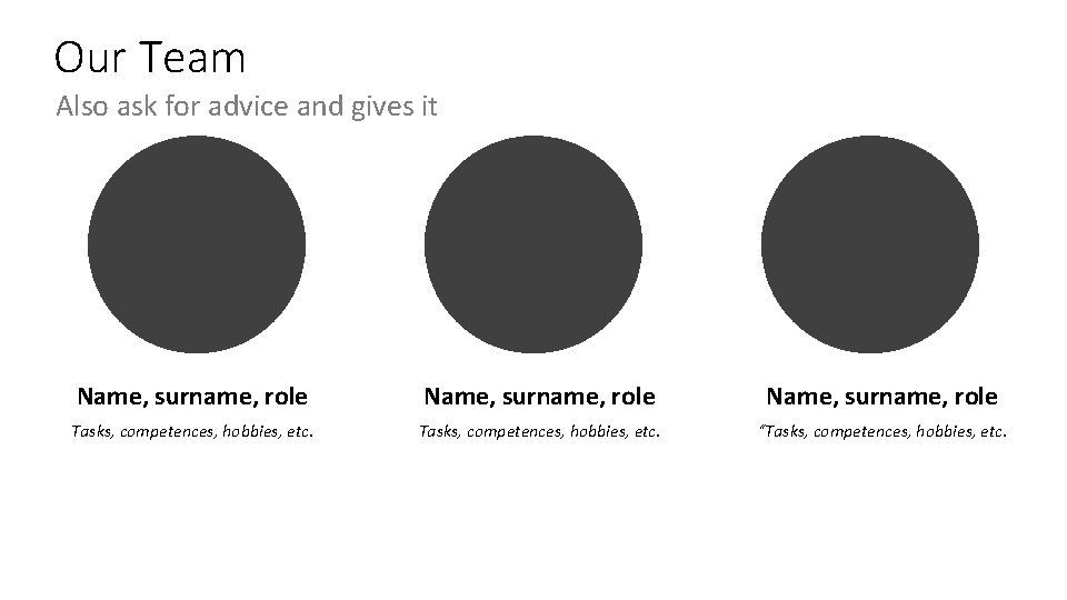 Our Team Also ask for advice and gives it Name, surname, role Tasks, competences,