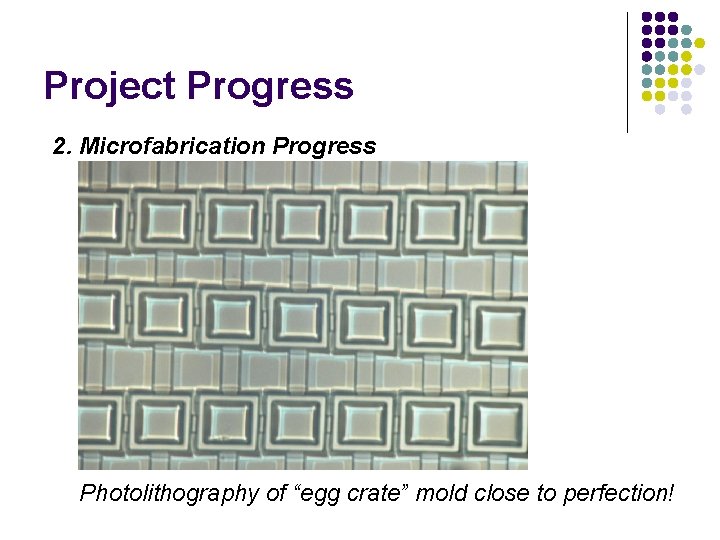 Project Progress 2. Microfabrication Progress Photolithography of “egg crate” mold close to perfection! 