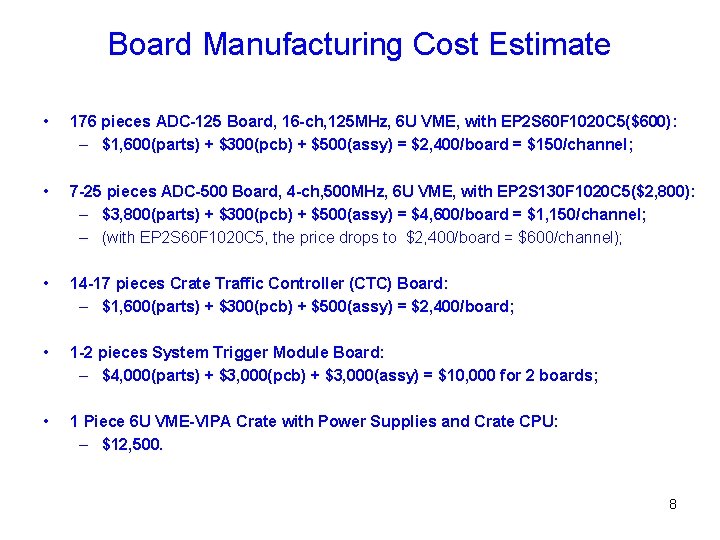 Board Manufacturing Cost Estimate • 176 pieces ADC-125 Board, 16 -ch, 125 MHz, 6