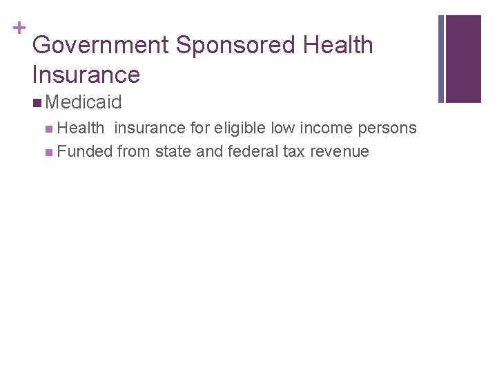 + Government Sponsored Health Insurance n Medicaid n Health insurance for eligible low income
