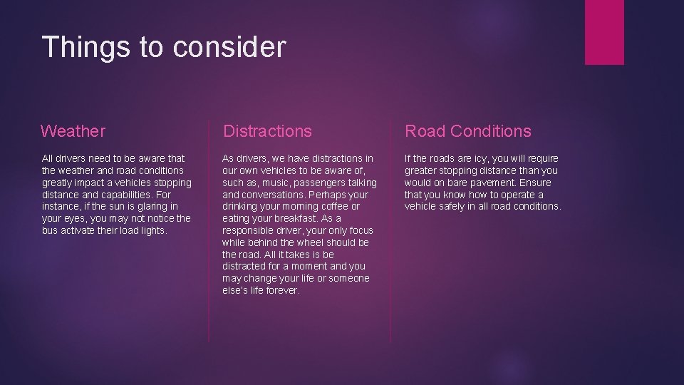 Things to consider Weather Distractions Road Conditions All drivers need to be aware that