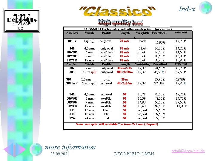 Index Art. Nr: 103 kc CLASSICO High quality self adhesive strip lead (prices in