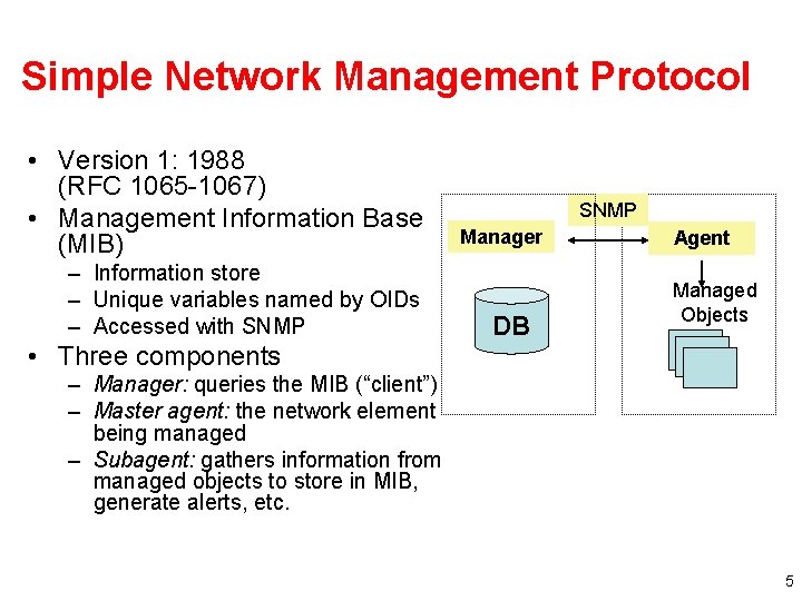 Simple Network Management Protocol • Version 1: 1988 (RFC 1065 -1067) • Management Information