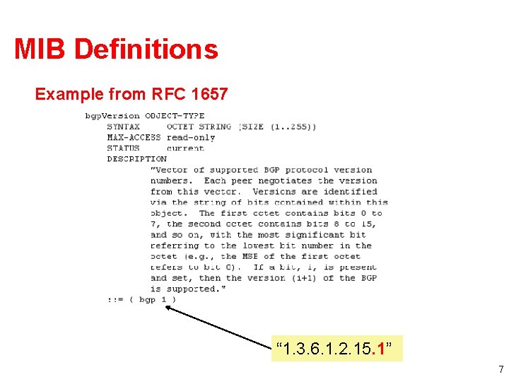 MIB Definitions Example from RFC 1657 “ 1. 3. 6. 1. 2. 15. 1”