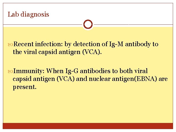 Lab diagnosis Recent infection: by detection of Ig-M antibody to the viral capsid antigen