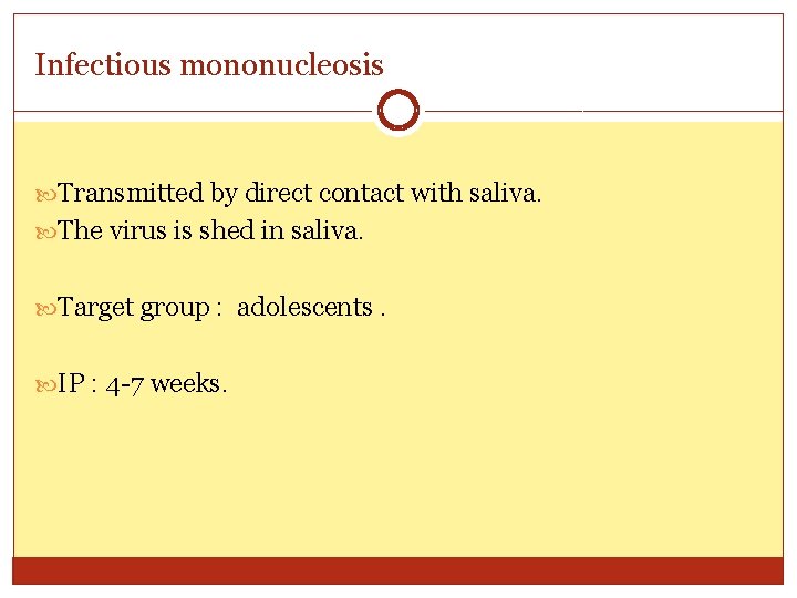 Infectious mononucleosis Transmitted by direct contact with saliva. The virus is shed in saliva.