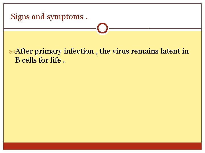 Signs and symptoms. After primary infection , the virus remains latent in B cells