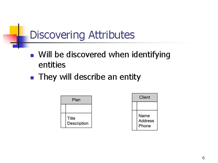 Discovering Attributes n n Will be discovered when identifying entities They will describe an Discovering Attributes n n Will be discovered when identifying entities They will describe an