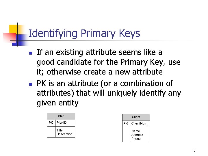 Identifying Primary Keys n n If an existing attribute seems like a good candidate Identifying Primary Keys n n If an existing attribute seems like a good candidate