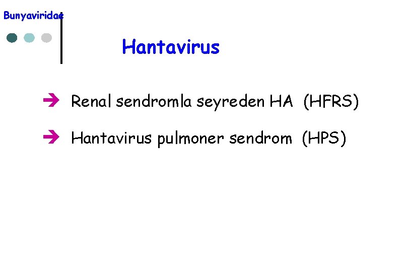Bunyaviridae Hantavirus è Renal sendromla seyreden HA (HFRS) è Hantavirus pulmoner sendrom (HPS) 