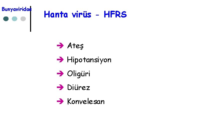 Bunyaviridae Hanta virüs - HFRS è Ateş è Hipotansiyon è Oligüri è Diürez è