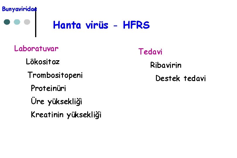 Bunyaviridae Hanta virüs - HFRS Laboratuvar Lökositoz Trombositopeni Proteinüri Üre yüksekliği Kreatinin yüksekliği Tedavi