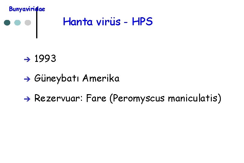 Bunyaviridae Hanta virüs - HPS è 1993 è Güneybatı Amerika è Rezervuar: Fare (Peromyscus