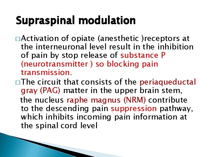 Supraspinal modulation � Activation of opiate (anesthetic )receptors at the interneuronal level result in