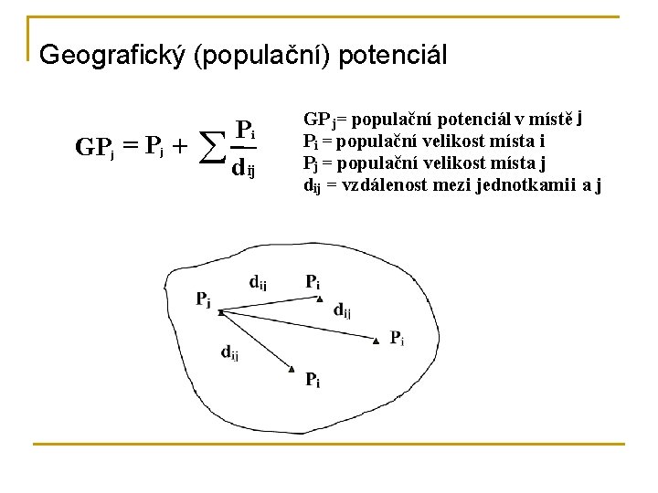 Geografický (populační) potenciál Pi GPj = Pj + å dij GP j= populační potenciál