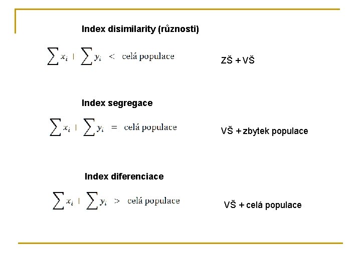 Index disimilarity (různosti) ZŠ + VŠ Index segregace VŠ + zbytek populace Index diferenciace