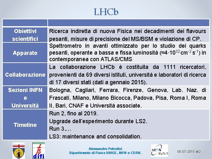 LHCb Obiettivi scientifici Ricerca indiretta di nuova Fisica nei decadimenti dei flavours pesanti, misure