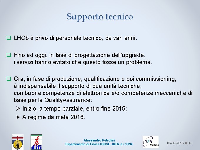 Supporto tecnico q LHCb è privo di personale tecnico, da vari anni. q Fino