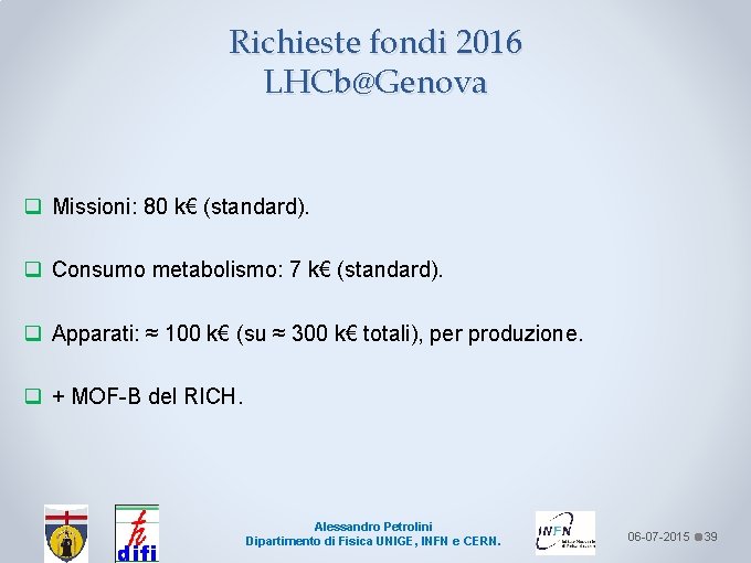 Richieste fondi 2016 LHCb@Genova q Missioni: 80 k€ (standard). q Consumo metabolismo: 7 k€