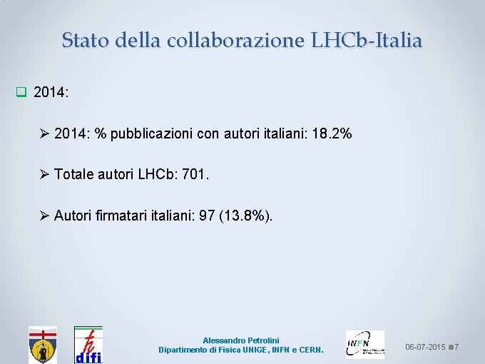 Stato della collaborazione LHCb-Italia q 2014: Ø 2014: % pubblicazioni con autori italiani: 18.