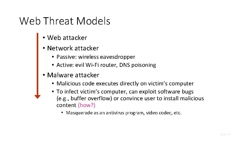 Web Threat Models • Web attacker • Network attacker • Passive: wireless eavesdropper •