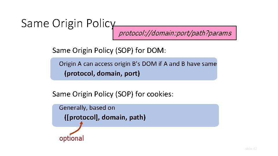 Same Origin Policy protocol: //domain: port/path? params Same Origin Policy (SOP) for DOM: Origin