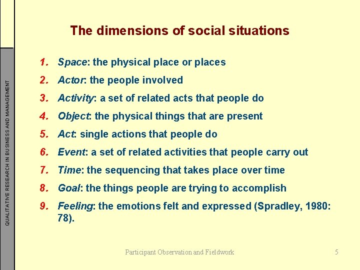The dimensions of social situations QUALITATIVE RESEARCH IN BUSINESS AND MANAGEMENT 1. Space: the
