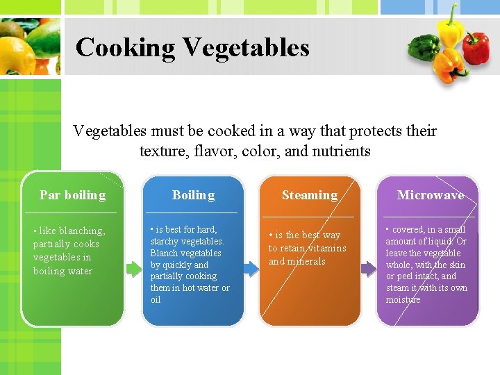 Cooking Vegetables must be cooked in a way that protects their texture, flavor, color,