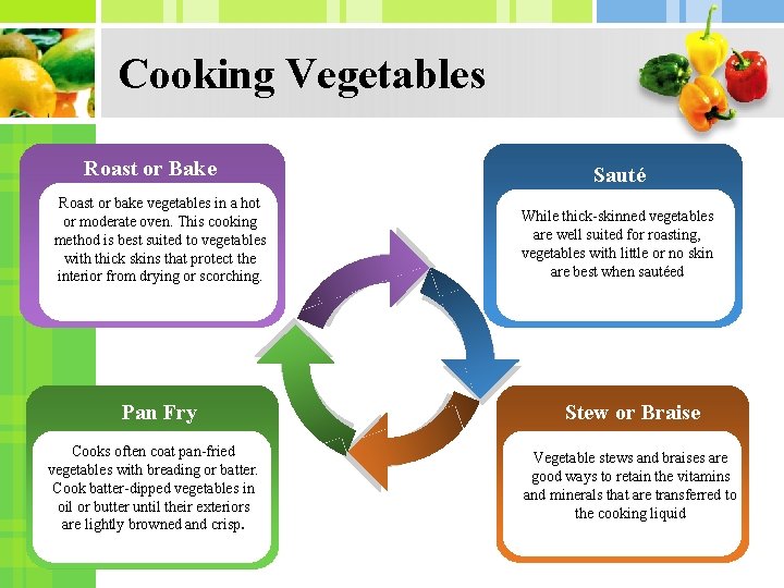 Cooking Vegetables Roast or Bake Roast or bake vegetables in a hot or moderate