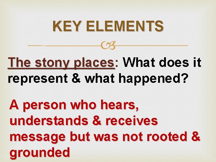 KEY ELEMENTS The stony places: places What does it represent & what happened? A